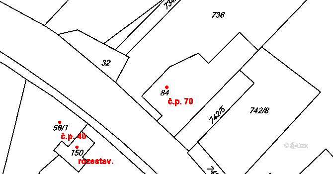 Těchlovice 70, Stříbro na parcele st. 84 v KÚ Těchlovice u Stříbra, Katastrální mapa