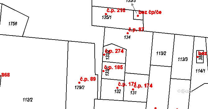 Libochovice 274 na parcele st. 133/2 v KÚ Libochovice, Katastrální mapa