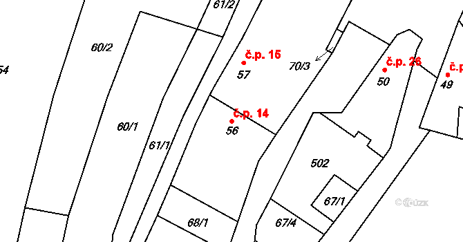 Třeboutice 14, Křešice na parcele st. 56 v KÚ Třeboutice, Katastrální mapa