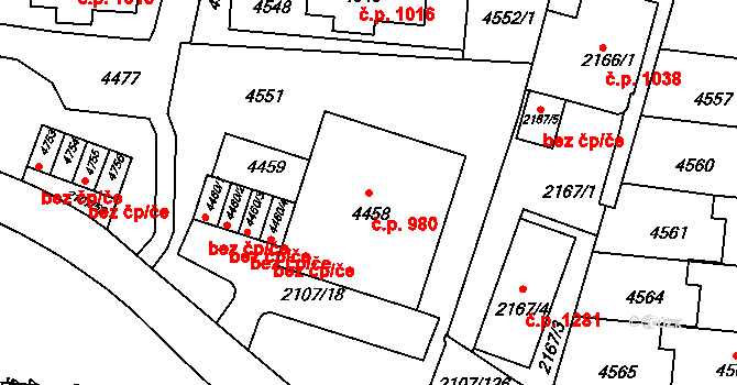 Komín 980, Brno na parcele st. 4458 v KÚ Komín, Katastrální mapa