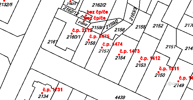 Teplice 1474 na parcele st. 2157 v KÚ Teplice, Katastrální mapa