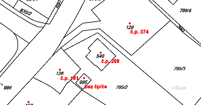 Daliměřice 288, Turnov na parcele st. 548 v KÚ Daliměřice, Katastrální mapa