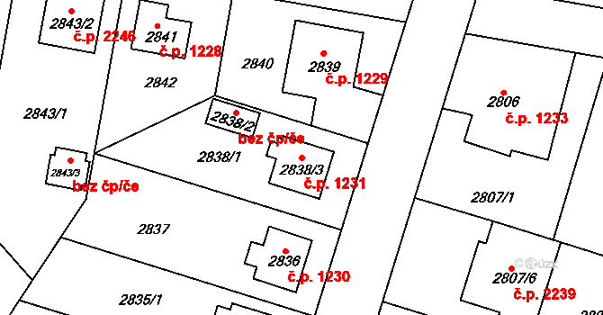Horní Počernice 1231, Praha na parcele st. 2838/3 v KÚ Horní Počernice, Katastrální mapa