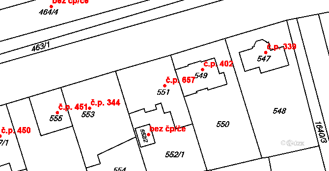 Řeporyje 657, Praha na parcele st. 551 v KÚ Řeporyje, Katastrální mapa