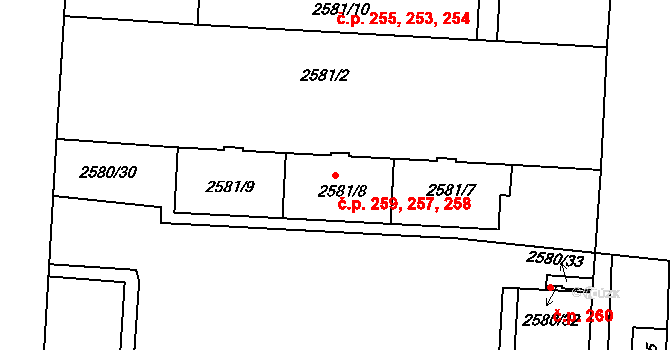 Příbram IV 257,258,259, Příbram na parcele st. 2581/7 v KÚ Příbram, Katastrální mapa