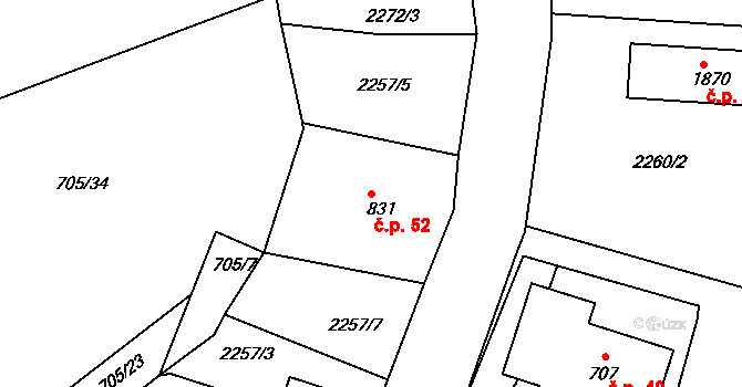 Zalány 52, Rožmitál pod Třemšínem na parcele st. 831 v KÚ Rožmitál pod Třemšínem, Katastrální mapa