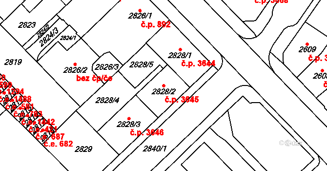 Chomutov 3645 na parcele st. 2828/2 v KÚ Chomutov I, Katastrální mapa