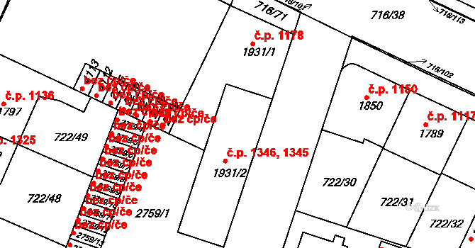 Pražské Předměstí 1345,1346, Hradec Králové na parcele st. 1931/2 v KÚ Pražské Předměstí, Katastrální mapa