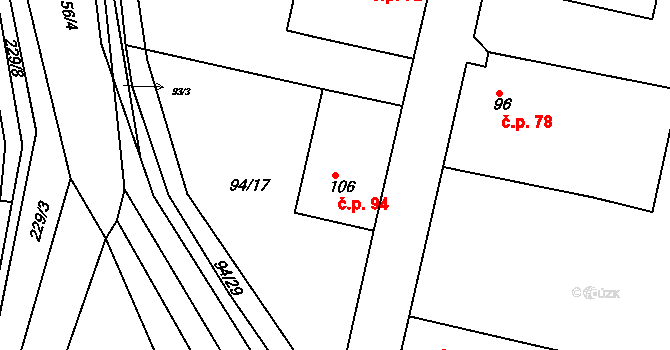 Radovesnice I 94 na parcele st. 106 v KÚ Radovesnice I, Katastrální mapa