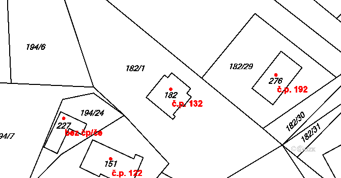 Poděbaby 132, Havlíčkův Brod na parcele st. 182 v KÚ Poděbaby, Katastrální mapa