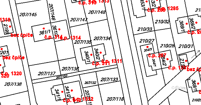 Sezimovo Ústí 1311 na parcele st. 340/2 v KÚ Sezimovo Ústí, Katastrální mapa
