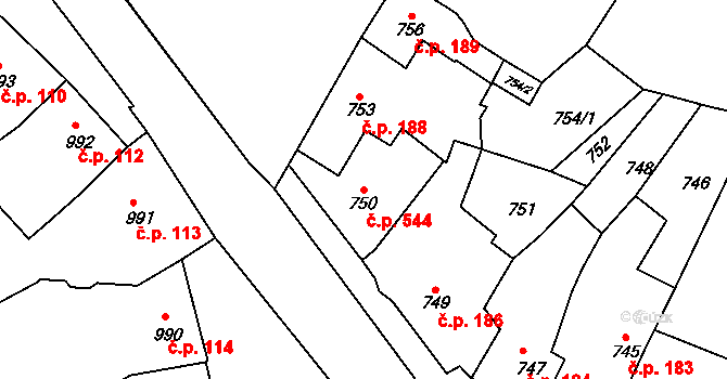 Plumlov 544 na parcele st. 750 v KÚ Plumlov, Katastrální mapa