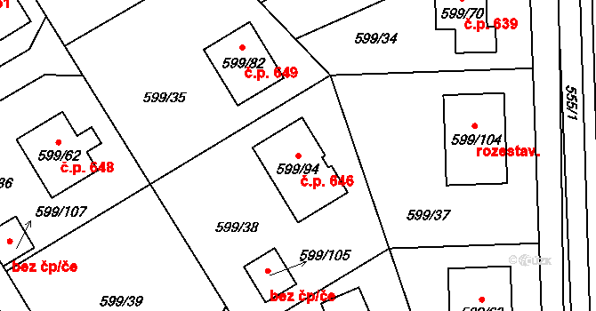 Srubec 646 na parcele st. 599/94 v KÚ Srubec, Katastrální mapa