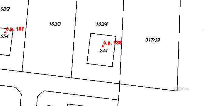 Dřínov 188 na parcele st. 244 v KÚ Dřínov, Katastrální mapa