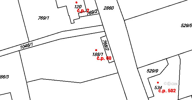 Leopoldka 60, Velký Šenov na parcele st. 188/1 v KÚ Staré Hraběcí, Katastrální mapa