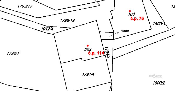 Kladná Žilín 114, Luhačovice na parcele st. 203 v KÚ Kladná Žilín, Katastrální mapa