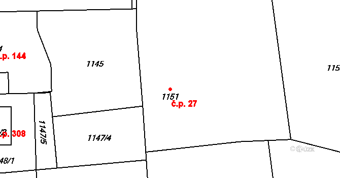Dolní Žukov 27, Český Těšín na parcele st. 1151 v KÚ Dolní Žukov, Katastrální mapa