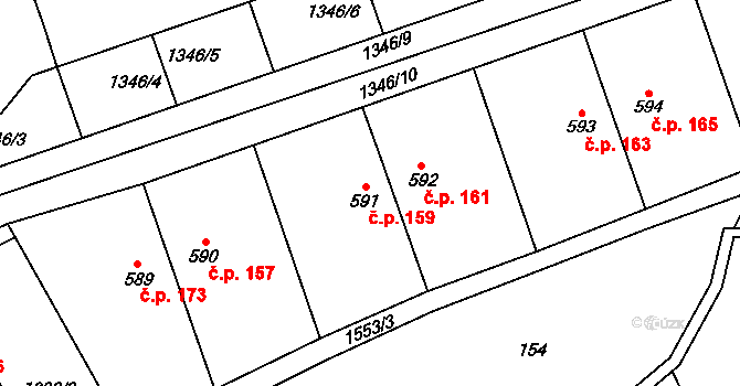 Hanušovice 159 na parcele st. 591 v KÚ Hanušovice, Katastrální mapa