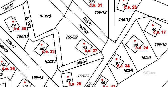 Pivonín 27, Zábřeh na parcele st. 83 v KÚ Pivonín, Katastrální mapa