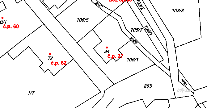 Vyšehoří 37 na parcele st. 94 v KÚ Vyšehoří, Katastrální mapa
