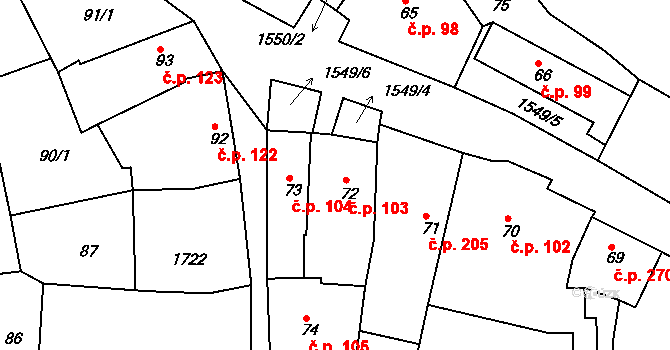 Nepomuk 103 na parcele st. 72 v KÚ Nepomuk, Katastrální mapa