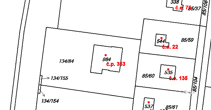 Struhařov 353 na parcele st. 864 v KÚ Struhařov u Mnichovic, Katastrální mapa