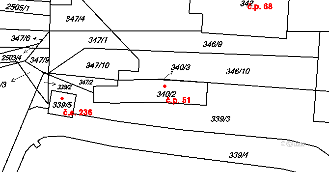 Koryčany 51 na parcele st. 340/2 v KÚ Koryčany, Katastrální mapa