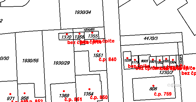 Hrušovany nad Jevišovkou 840 na parcele st. 1551 v KÚ Hrušovany nad Jevišovkou, Katastrální mapa