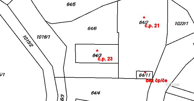 Řehenice 23 na parcele st. 64/3 v KÚ Malešín, Katastrální mapa