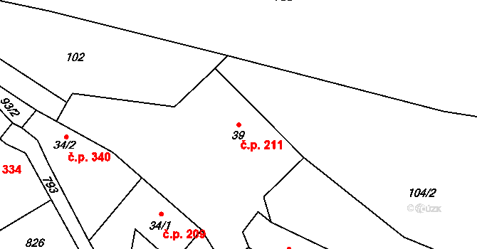 Dobronín 211 na parcele st. 39 v KÚ Střelecká, Katastrální mapa