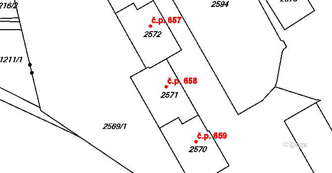 Lyžbice 658, Třinec na parcele st. 2571 v KÚ Lyžbice, Katastrální mapa