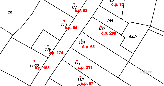 Rožďalovice 68 na parcele st. 110 v KÚ Rožďalovice, Katastrální mapa