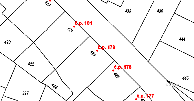 Těmice 179 na parcele st. 423 v KÚ Těmice u Hodonína, Katastrální mapa