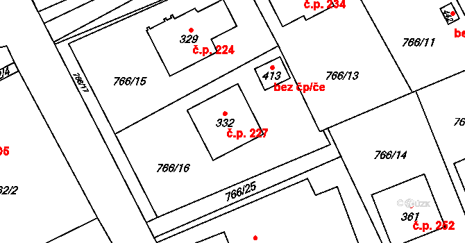 Nošovice 227 na parcele st. 332 v KÚ Nošovice, Katastrální mapa
