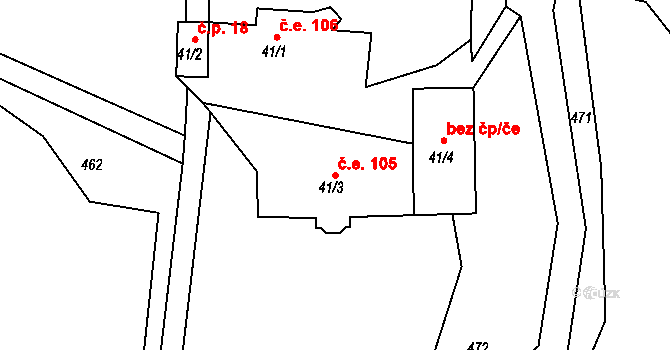 Mlýny 105, Bystřice na parcele st. 41/3 v KÚ Tvoršovice, Katastrální mapa