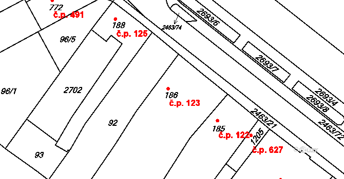 Bor 123 na parcele st. 186/1 v KÚ Bor u Tachova, Katastrální mapa