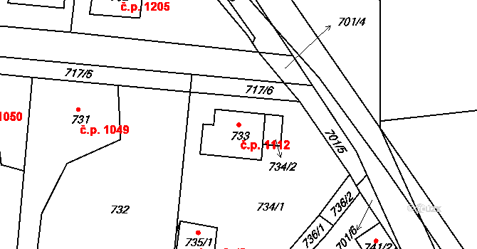 Hořovice 1112 na parcele st. 733 v KÚ Velká Víska, Katastrální mapa