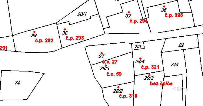 Vrbice 27, Mšené-lázně na parcele st. 27 v KÚ Vrbice u Mšeného-lázní, Katastrální mapa