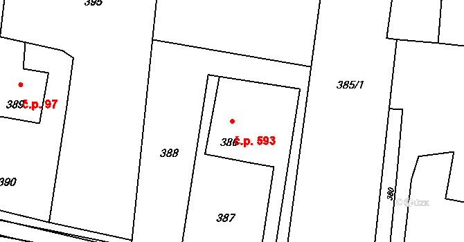 Lutyně 593, Orlová na parcele st. 386 v KÚ Horní Lutyně, Katastrální mapa