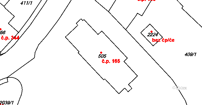 Žichlínské Předměstí 165, Lanškroun na parcele st. 505 v KÚ Lanškroun, Katastrální mapa