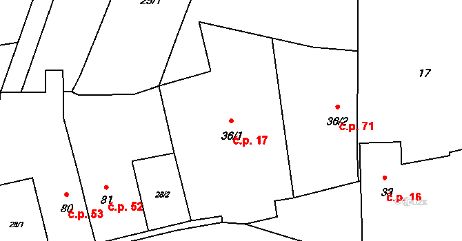 Budíkovice 17, Třebíč na parcele st. 36/1 v KÚ Budíkovice, Katastrální mapa