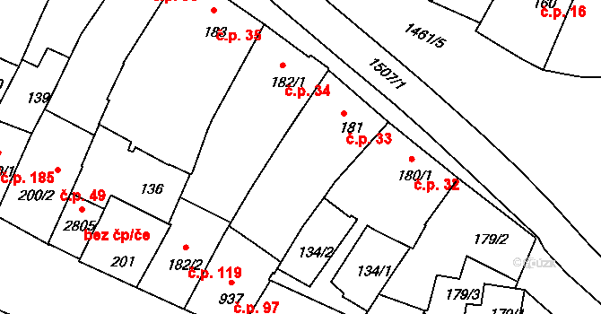 Jejkov 33, Třebíč na parcele st. 181 v KÚ Třebíč, Katastrální mapa