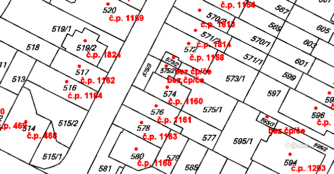 Černá Pole 1160, Brno na parcele st. 574 v KÚ Černá Pole, Katastrální mapa