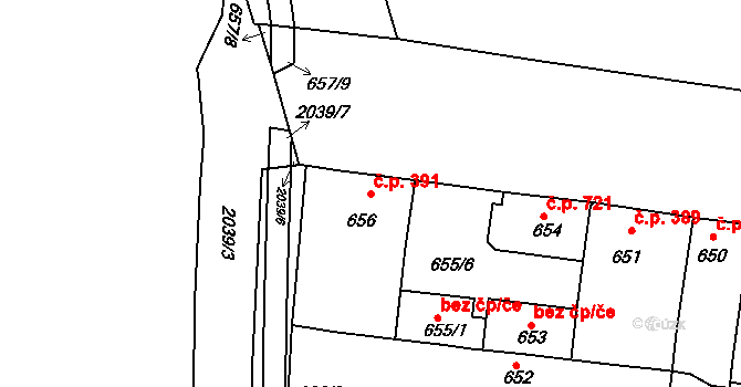 Komárov 391, Brno na parcele st. 656 v KÚ Komárov, Katastrální mapa