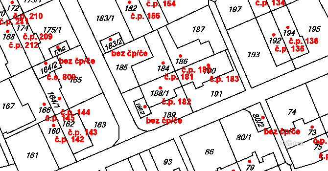 Medlánky 182, Brno na parcele st. 188/1 v KÚ Medlánky, Katastrální mapa
