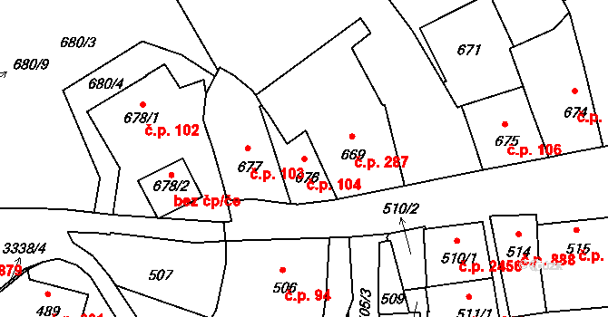 Pelhřimov 104 na parcele st. 676 v KÚ Pelhřimov, Katastrální mapa