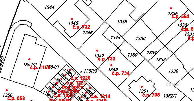 Pelhřimov 733 na parcele st. 1347 v KÚ Pelhřimov, Katastrální mapa