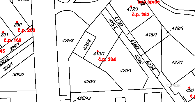 Řetenice 204, Teplice na parcele st. 419/1 v KÚ Teplice-Řetenice, Katastrální mapa