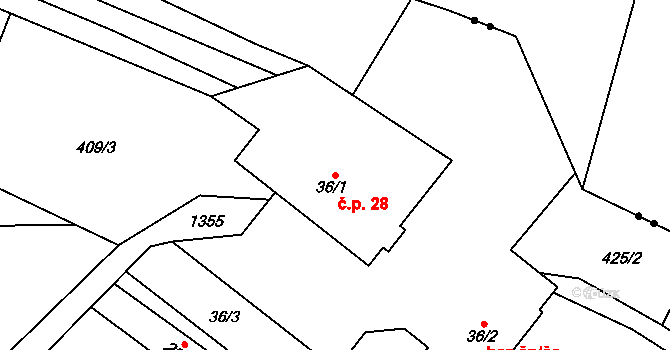 Dolní Kalná 28 na parcele st. 36/1 v KÚ Dolní Kalná, Katastrální mapa