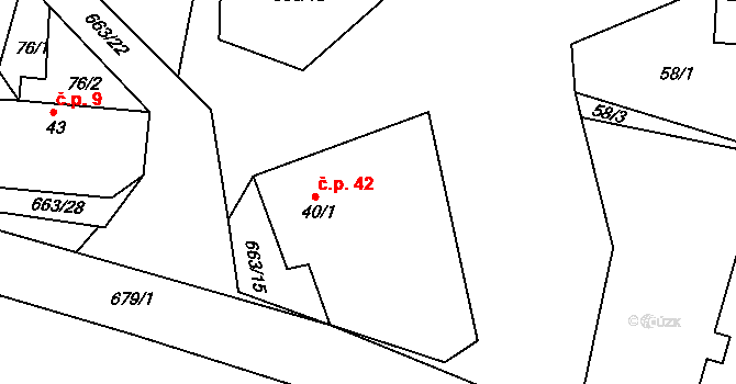Dřínov 42 na parcele st. 40/1 v KÚ Dřínov, Katastrální mapa
